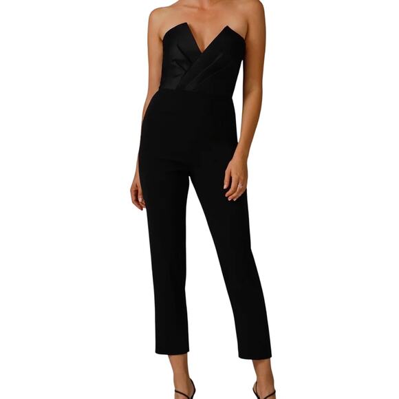 Jay Godfrey Black Strapless Pleated Satin Jumpsuit Size 6 - Picture 1 of 15
